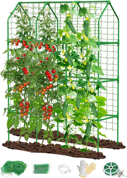 65" Cucumber Trellis for Climbing Plants Outdoor, Metal Garden Trellis for Raised Bed, Plant Support Structures with Netting for Cucumbers Tomatoes Beans Peas (50 * 17 * 65inch(L*W*H), Trellis)