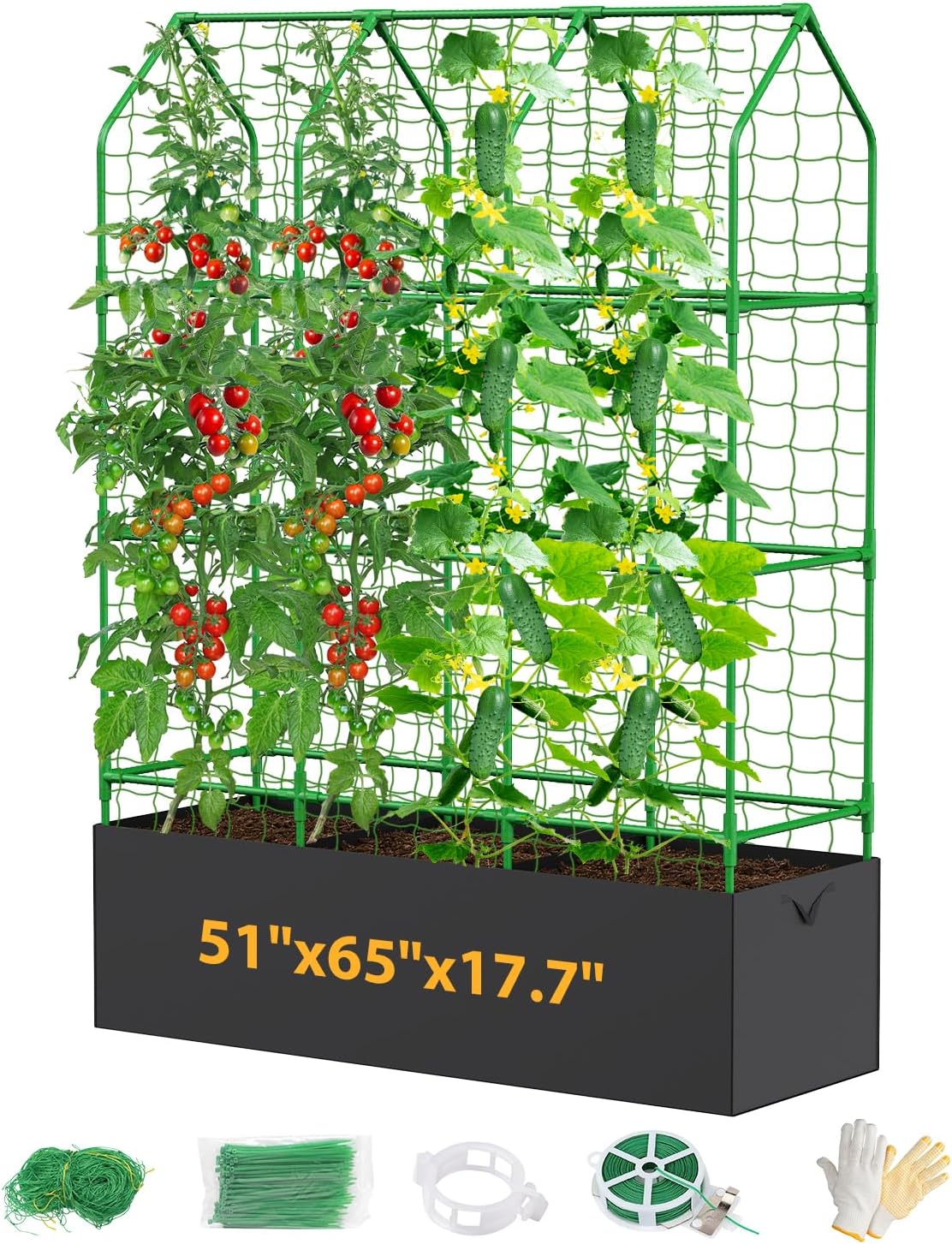 65" Cucumber Trellis for Climbing Plants Outdoor, Metal Garden Trellis for Raised Bed, Plant Support Structures with Netting for Cucumbers Tomatoes Beans Peas (50 * 17 * 65inch(L*W*H), Trellis)
