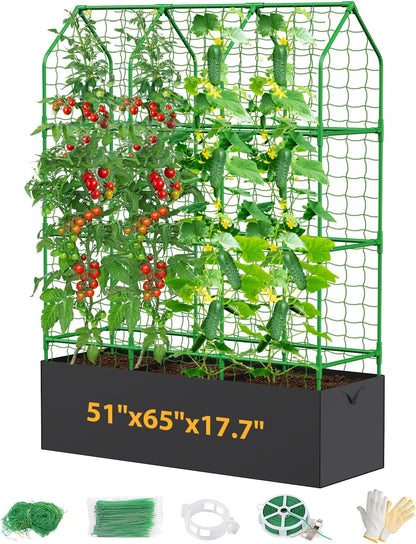 65" Cucumber Trellis for Climbing Plants Outdoor, Metal Garden Trellis for Raised Bed, Plant Support Structures with Netting for Cucumbers Tomatoes Beans Peas (50 * 17 * 65inch(L*W*H), Trellis)
