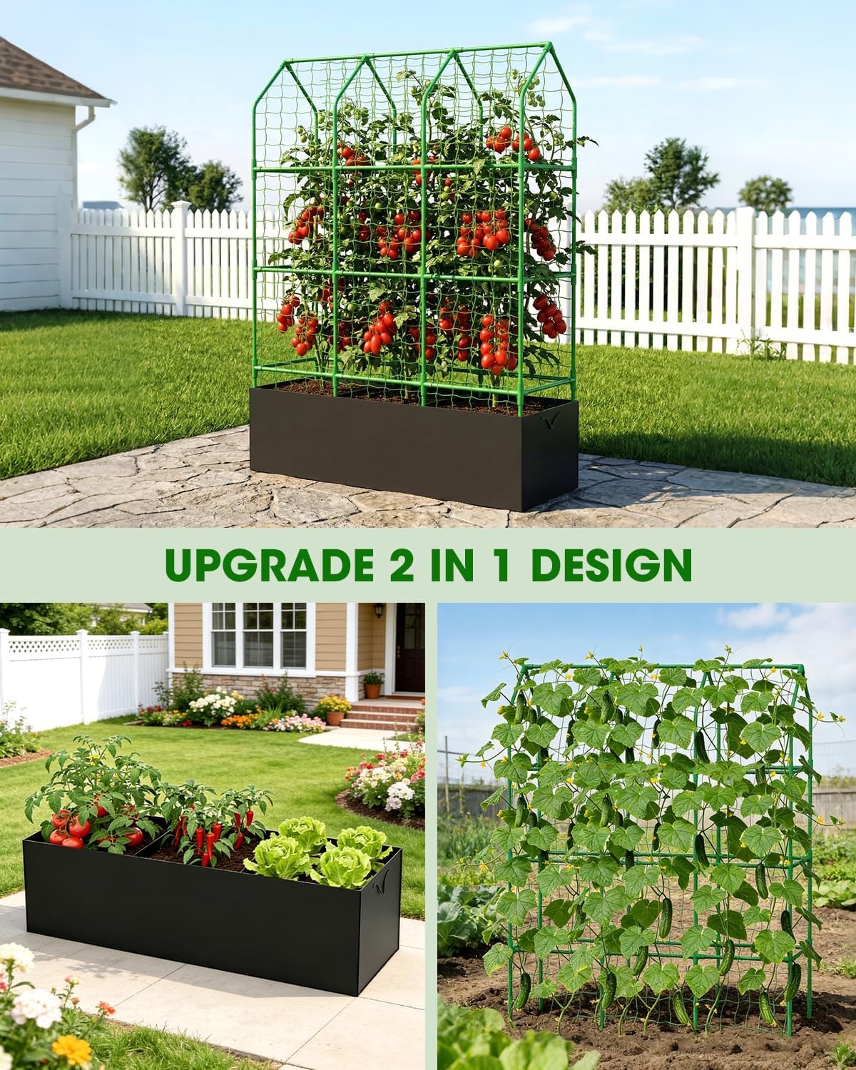65" Cucumber Trellis for Climbing Plants Outdoor, Metal Garden Trellis for Raised Bed, Plant Support Structures with Netting for Cucumbers Tomatoes Beans Peas (50 * 17 * 65inch(L*W*H), Trellis)