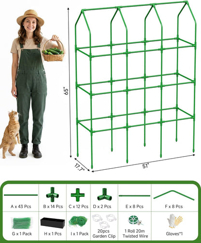 65" Cucumber Trellis for Climbing Plants Outdoor, Metal Garden Trellis for Raised Bed, Plant Support Structures with Netting for Cucumbers Tomatoes Beans Peas (50 * 17 * 65inch(L*W*H), Trellis)