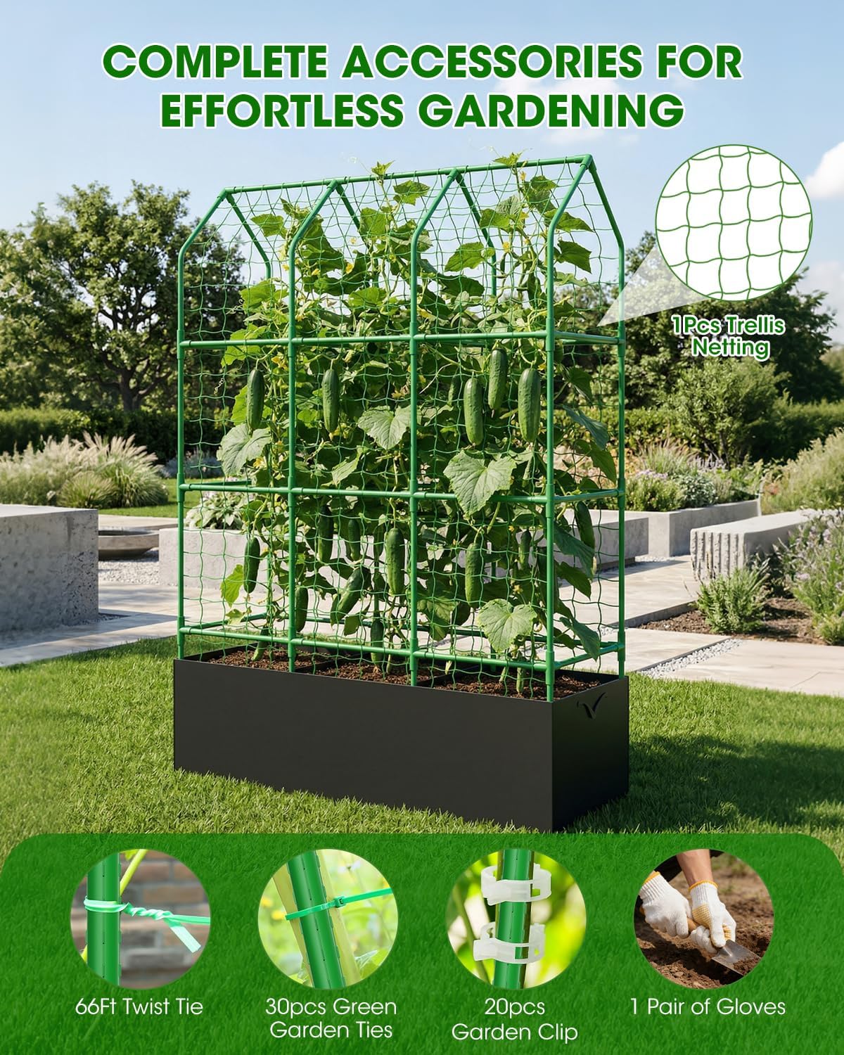 65" Cucumber Trellis for Climbing Plants Outdoor, Metal Garden Trellis for Raised Bed, Plant Support Structures with Netting for Cucumbers Tomatoes Beans Peas (50 * 17 * 65inch(L*W*H), Trellis)