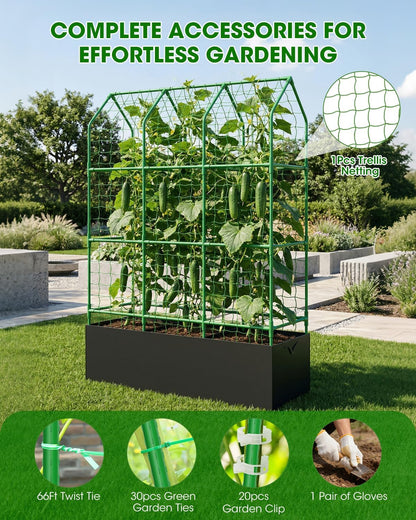 65" Cucumber Trellis for Climbing Plants Outdoor, Metal Garden Trellis for Raised Bed, Plant Support Structures with Netting for Cucumbers Tomatoes Beans Peas (50 * 17 * 65inch(L*W*H), Trellis)
