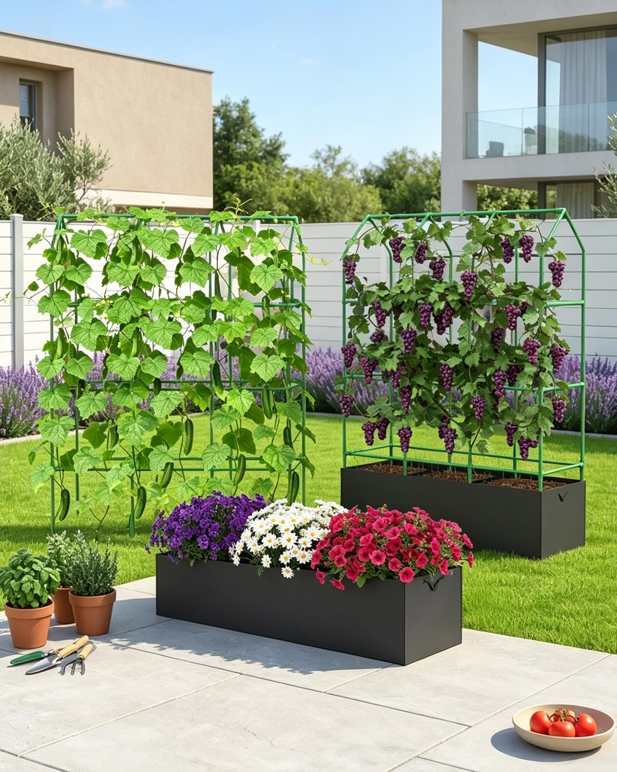 65" Cucumber Trellis for Climbing Plants Outdoor, Metal Garden Trellis for Raised Bed, Plant Support Structures with Netting for Cucumbers Tomatoes Beans Peas (50 * 17 * 65inch(L*W*H), Trellis)