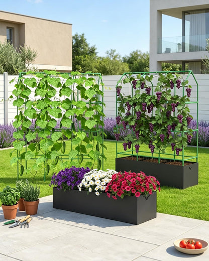 65" Cucumber Trellis for Climbing Plants Outdoor, Metal Garden Trellis for Raised Bed, Plant Support Structures with Netting for Cucumbers Tomatoes Beans Peas (50 * 17 * 65inch(L*W*H), Trellis)