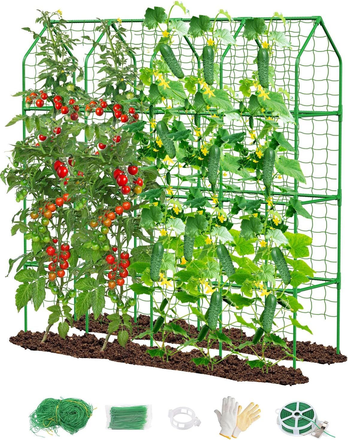 65" Cucumber Trellis for Climbing Plants Outdoor, Metal Garden Trellis for Raised Bed, Plant Support Structures with Netting for Cucumbers Tomatoes Beans Peas (50 * 17 * 65inch(L*W*H), Trellis)