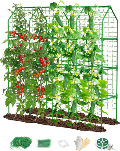 65" Cucumber Trellis for Climbing Plants Outdoor, Metal Garden Trellis for Raised Bed, Plant Support Structures with Netting for Cucumbers Tomatoes Beans Peas (50 * 17 * 65inch(L*W*H), Trellis)