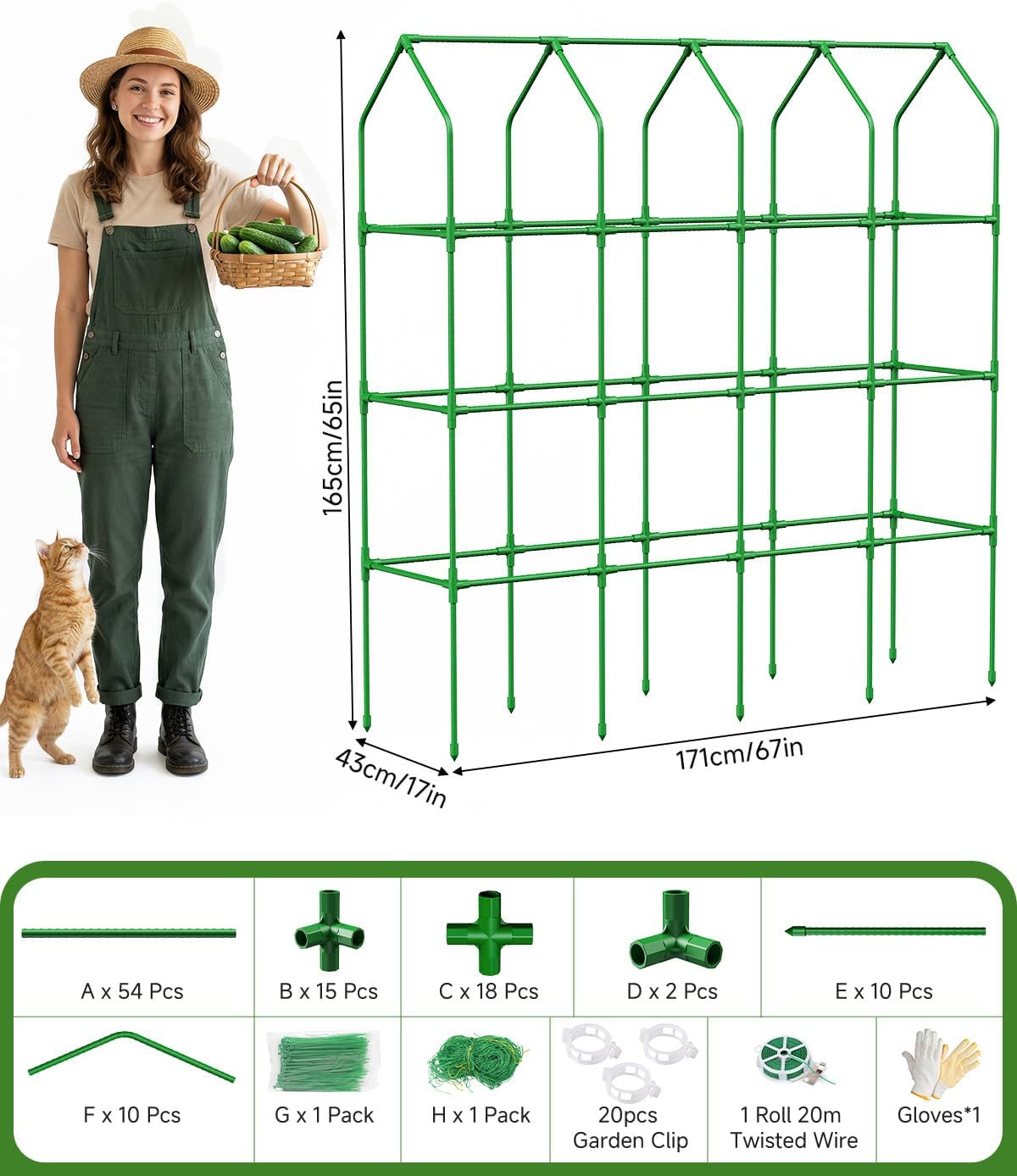65" Cucumber Trellis for Climbing Plants Outdoor, Metal Garden Trellis for Raised Bed, Plant Support Structures with Netting for Cucumbers Tomatoes Beans Peas (50 * 17 * 65inch(L*W*H), Trellis)