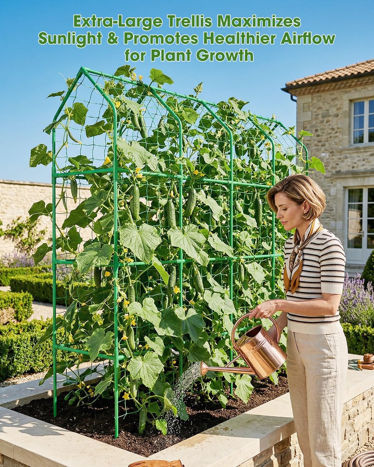 65" Cucumber Trellis for Climbing Plants Outdoor, Metal Garden Trellis for Raised Bed, Plant Support Structures with Netting for Cucumbers Tomatoes Beans Peas (50 * 17 * 65inch(L*W*H), Trellis)