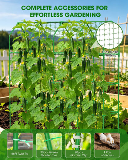 65" Cucumber Trellis for Climbing Plants Outdoor, Metal Garden Trellis for Raised Bed, Plant Support Structures with Netting for Cucumbers Tomatoes Beans Peas (50 * 17 * 65inch(L*W*H), Trellis)