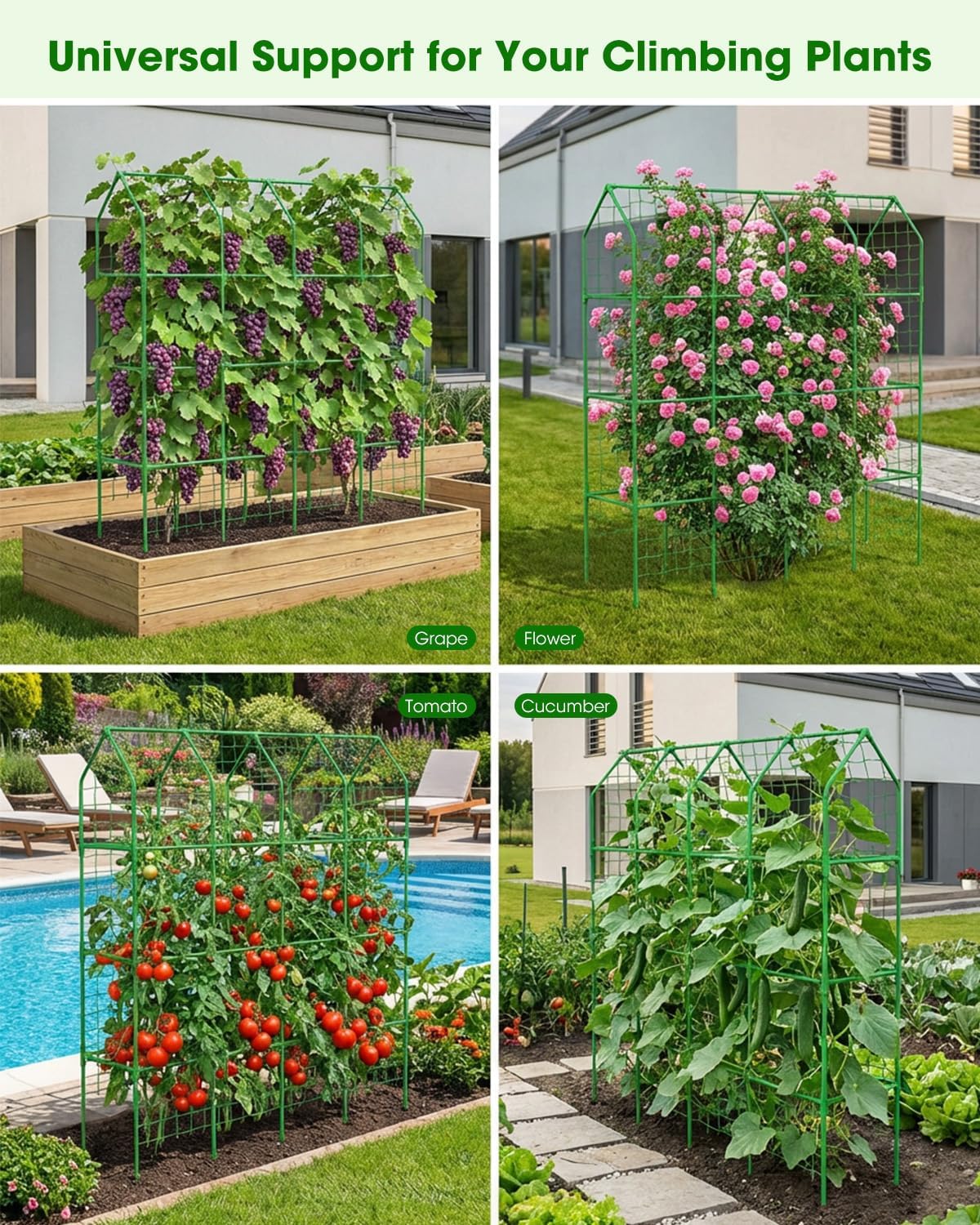 65" Cucumber Trellis for Climbing Plants Outdoor, Metal Garden Trellis for Raised Bed, Plant Support Structures with Netting for Cucumbers Tomatoes Beans Peas (50 * 17 * 65inch(L*W*H), Trellis)