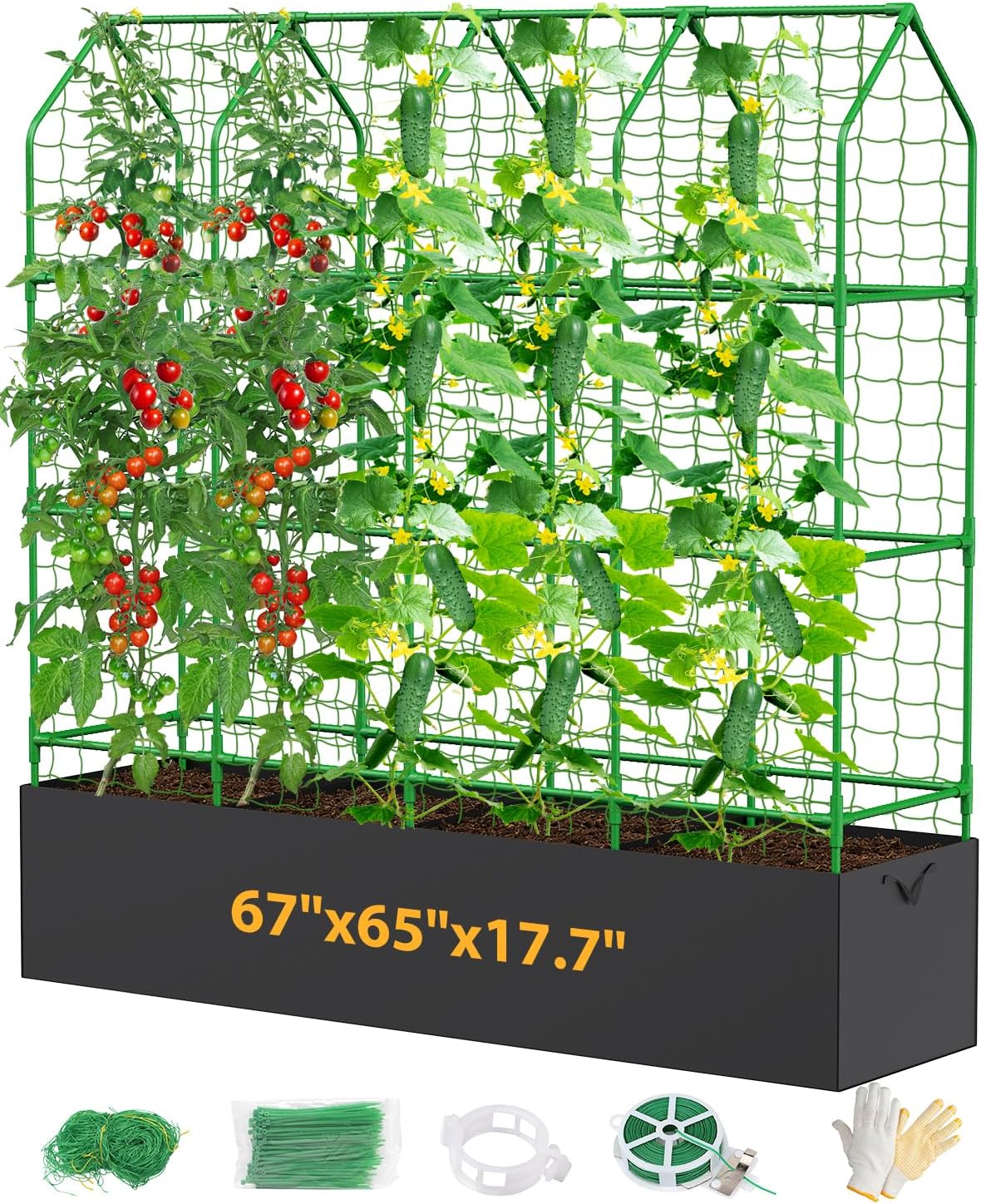65" Cucumber Trellis for Climbing Plants Outdoor, Metal Garden Trellis for Raised Bed, Plant Support Structures with Netting for Cucumbers Tomatoes Beans Peas (50 * 17 * 65inch(L*W*H), Trellis)