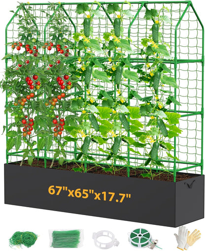 65" Cucumber Trellis for Climbing Plants Outdoor, Metal Garden Trellis for Raised Bed, Plant Support Structures with Netting for Cucumbers Tomatoes Beans Peas (50 * 17 * 65inch(L*W*H), Trellis)