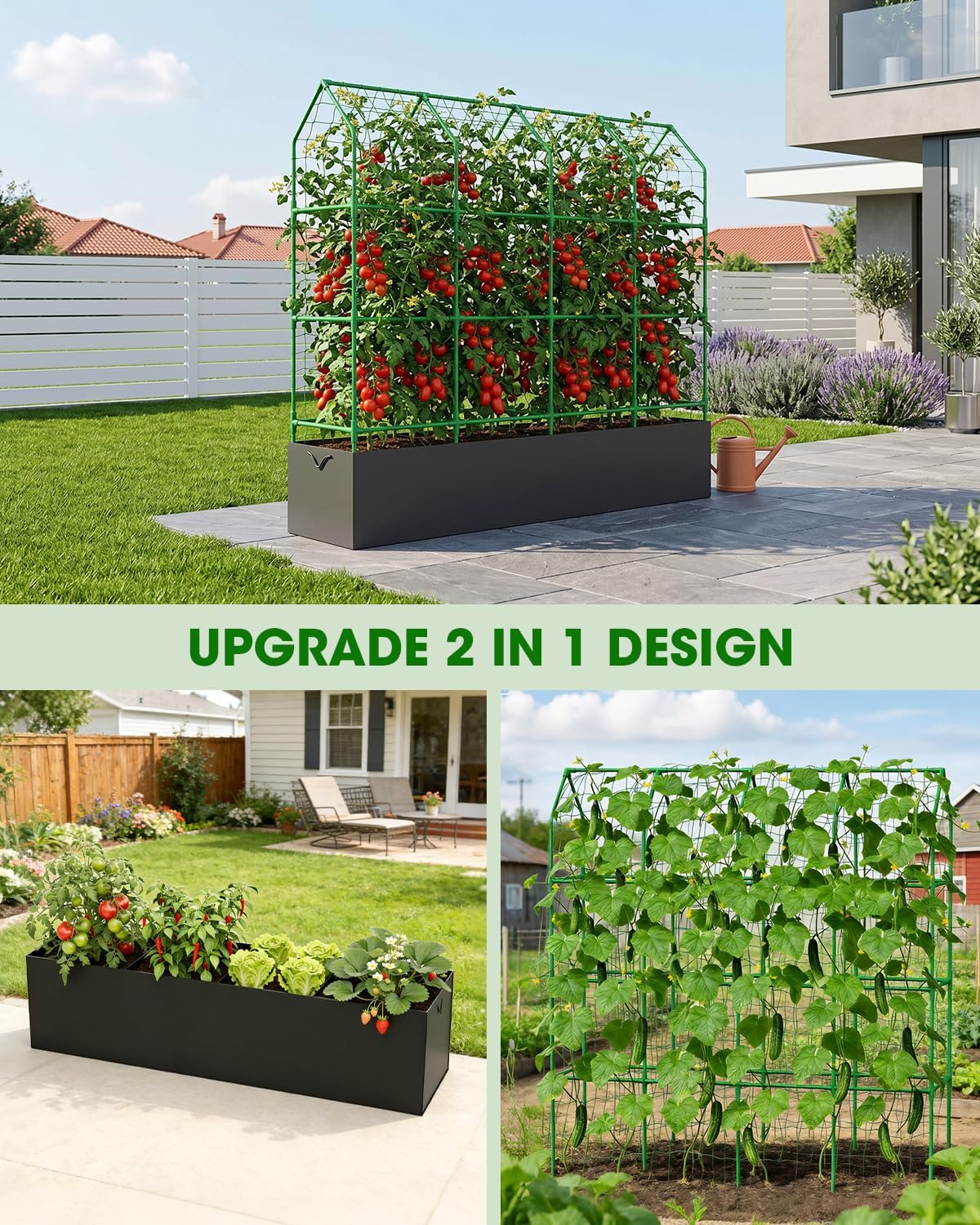 65" Cucumber Trellis for Climbing Plants Outdoor, Metal Garden Trellis for Raised Bed, Plant Support Structures with Netting for Cucumbers Tomatoes Beans Peas (50 * 17 * 65inch(L*W*H), Trellis)