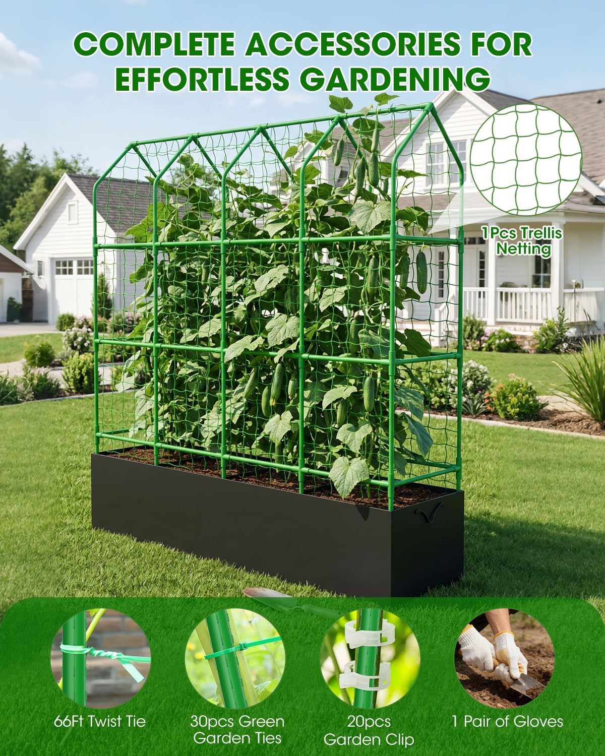 65" Cucumber Trellis for Climbing Plants Outdoor, Metal Garden Trellis for Raised Bed, Plant Support Structures with Netting for Cucumbers Tomatoes Beans Peas (50 * 17 * 65inch(L*W*H), Trellis)