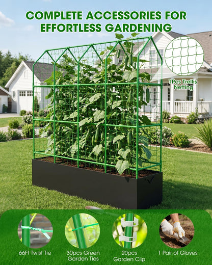 65" Cucumber Trellis for Climbing Plants Outdoor, Metal Garden Trellis for Raised Bed, Plant Support Structures with Netting for Cucumbers Tomatoes Beans Peas (50 * 17 * 65inch(L*W*H), Trellis)