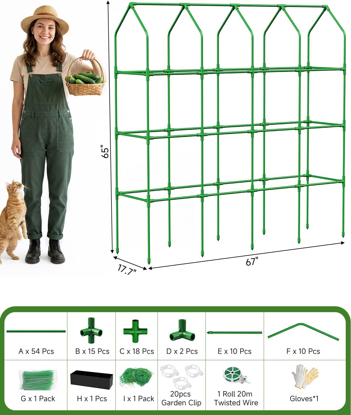 65" Cucumber Trellis for Climbing Plants Outdoor, Metal Garden Trellis for Raised Bed, Plant Support Structures with Netting for Cucumbers Tomatoes Beans Peas (50 * 17 * 65inch(L*W*H), Trellis)