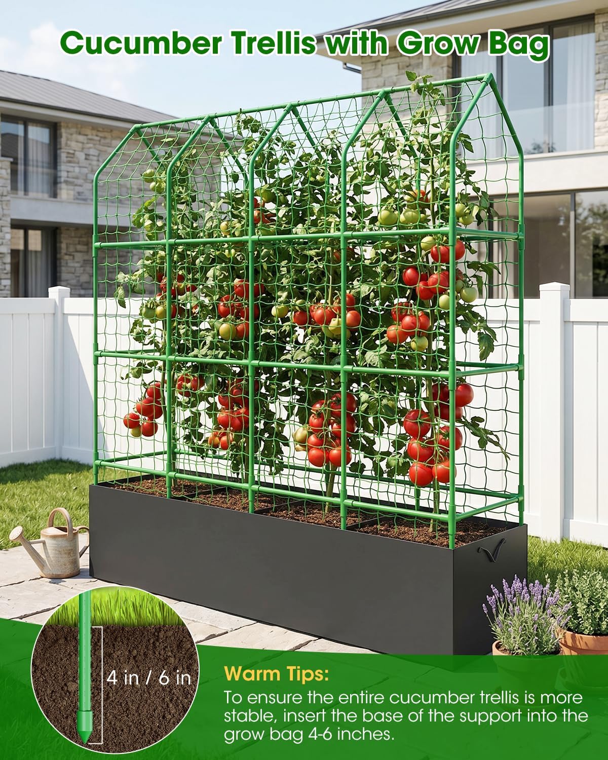 65" Cucumber Trellis for Climbing Plants Outdoor, Metal Garden Trellis for Raised Bed, Plant Support Structures with Netting for Cucumbers Tomatoes Beans Peas (50 * 17 * 65inch(L*W*H), Trellis)