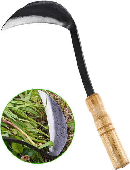 Japanese Weeding Sickle Hoe, 11" Gardening Hand Weeder Nejiri Kama Blade Tool Digging Cutting Weed Remover, High-Carbon Steel One-Piece Molding with Wood Handle, Very Sharp Edge Quick Work