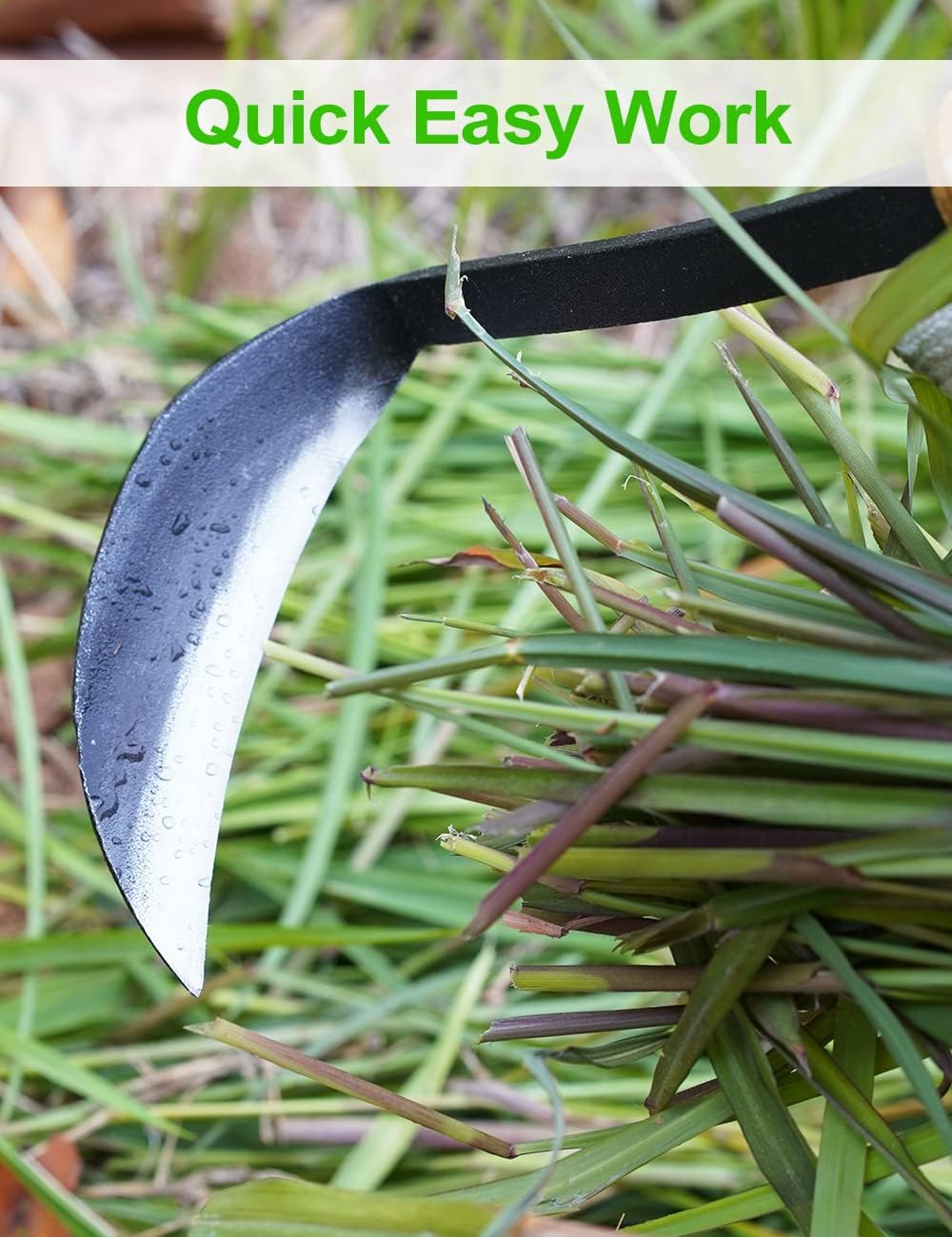 Japanese Weeding Sickle Hoe, 11" Gardening Hand Weeder Nejiri Kama Blade Tool Digging Cutting Weed Remover, High-Carbon Steel One-Piece Molding with Wood Handle, Very Sharp Edge Quick Work