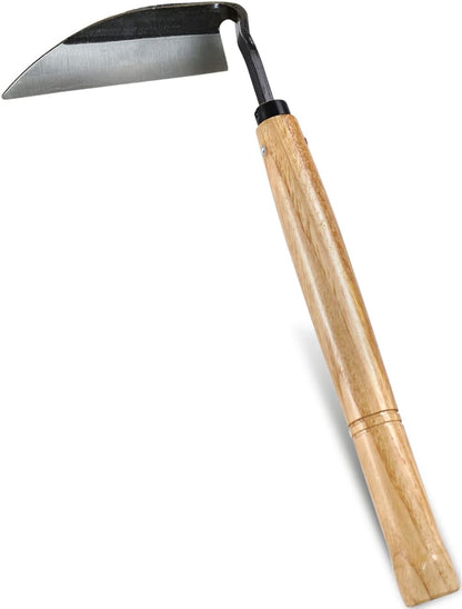 Japanese Weeding Sickle Hoe, 11" Gardening Hand Weeder Nejiri Kama Blade Tool Digging Cutting Weed Remover, High-Carbon Steel One-Piece Molding with Wood Handle, Very Sharp Edge Quick Work