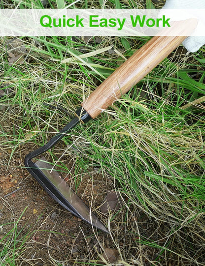 Japanese Weeding Sickle Hoe, 11" Gardening Hand Weeder Nejiri Kama Blade Tool Digging Cutting Weed Remover, High-Carbon Steel One-Piece Molding with Wood Handle, Very Sharp Edge Quick Work