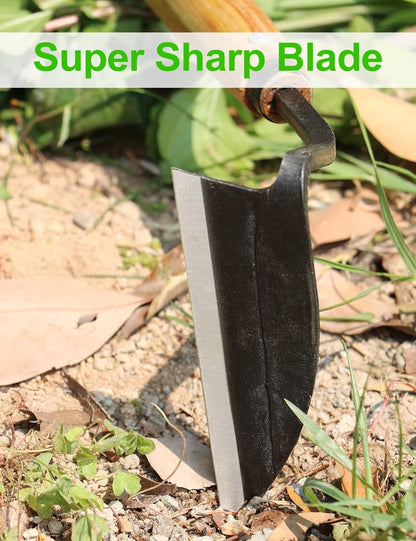 Japanese Weeding Sickle Hoe, 11" Gardening Hand Weeder Nejiri Kama Blade Tool Digging Cutting Weed Remover, High-Carbon Steel One-Piece Molding with Wood Handle, Very Sharp Edge Quick Work