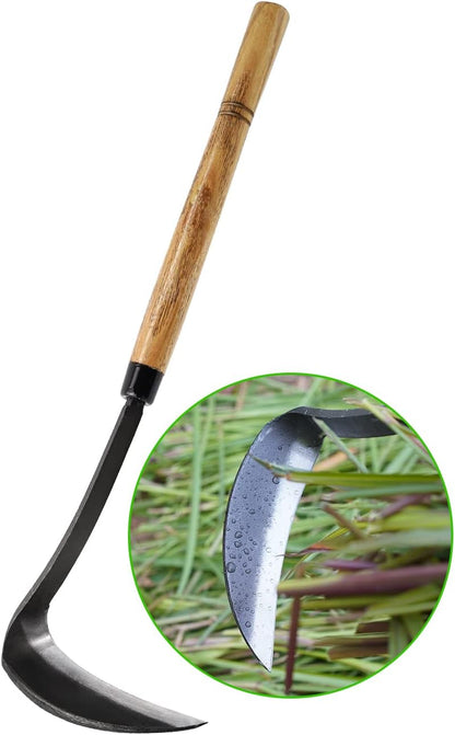 Japanese Weeding Sickle Hoe, 11" Gardening Hand Weeder Nejiri Kama Blade Tool Digging Cutting Weed Remover, High-Carbon Steel One-Piece Molding with Wood Handle, Very Sharp Edge Quick Work