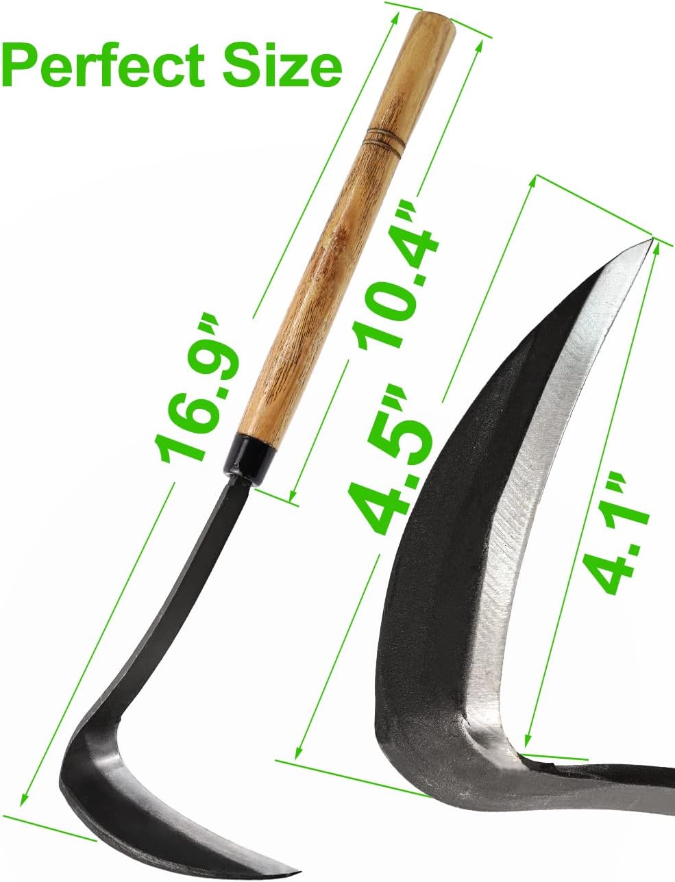 Japanese Weeding Sickle Hoe, 11" Gardening Hand Weeder Nejiri Kama Blade Tool Digging Cutting Weed Remover, High-Carbon Steel One-Piece Molding with Wood Handle, Very Sharp Edge Quick Work