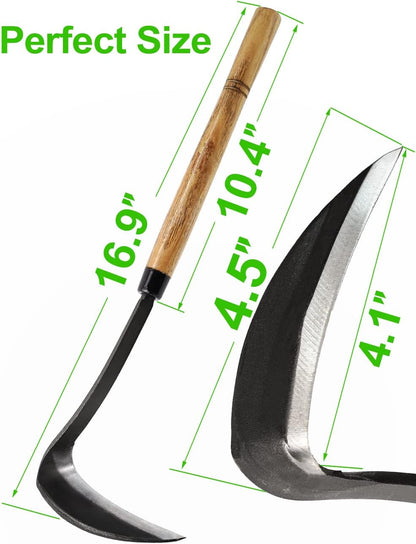 Japanese Weeding Sickle Hoe, 11" Gardening Hand Weeder Nejiri Kama Blade Tool Digging Cutting Weed Remover, High-Carbon Steel One-Piece Molding with Wood Handle, Very Sharp Edge Quick Work