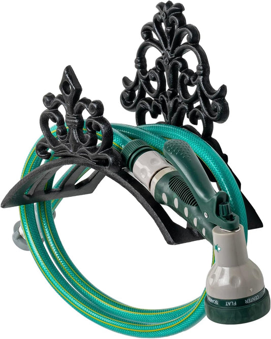 MyGift Black Cast Iron Garden Hose Holder, Vintage Floral Wall Rack
