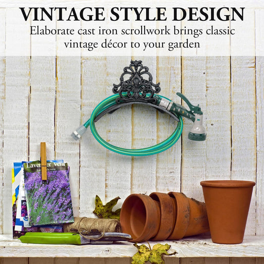 MyGift Black Cast Iron Garden Hose Holder, Vintage Floral Wall Rack