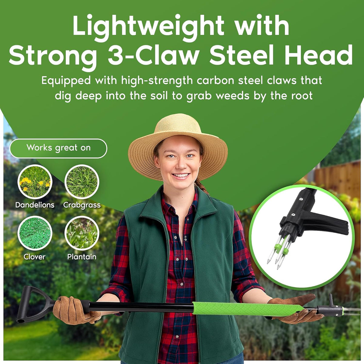 Stand Up Weeder Weed Puller Tool – Long Handle up to 45-Inch – Heavy Duty 3 Claw Weeder with Foot Pedal – No Bending or Kneeling – Great for Dandelions, Thistle, Grass