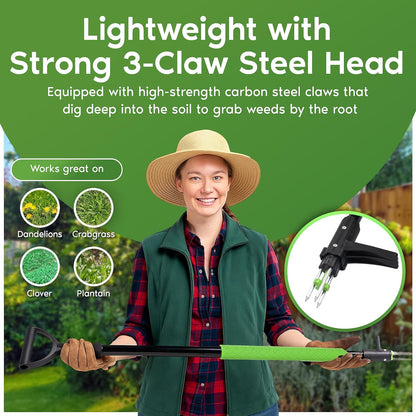 Stand Up Weeder Weed Puller Tool – Long Handle up to 45-Inch – Heavy Duty 3 Claw Weeder with Foot Pedal – No Bending or Kneeling – Great for Dandelions, Thistle, Grass