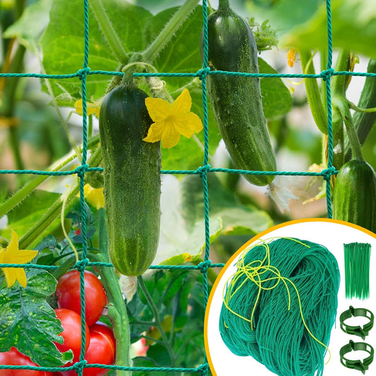 Garden Trellis Netting for Climbing Plants Outdoor, 6.6x8.2 FT Plant Netting for Cucumber, Tomato, 27 Strands Trellis Net with 4x4 Inch Mesh as Vegetable Netting for Grape, Bean, w/Plant Clips