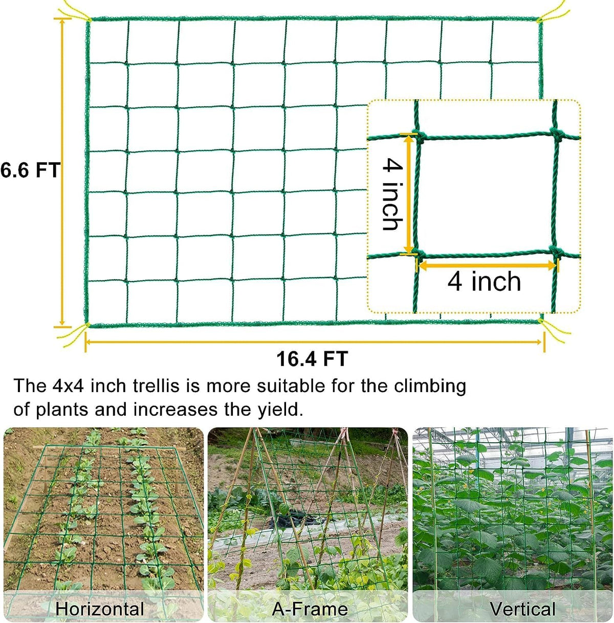 Garden Trellis Netting for Climbing Plants Outdoor, 6.6x8.2 FT Plant Netting for Cucumber, Tomato, 27 Strands Trellis Net with 4x4 Inch Mesh as Vegetable Netting for Grape, Bean, w/Plant Clips
