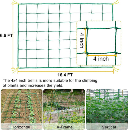 Garden Trellis Netting for Climbing Plants Outdoor, 6.6x8.2 FT Plant Netting for Cucumber, Tomato, 27 Strands Trellis Net with 4x4 Inch Mesh as Vegetable Netting for Grape, Bean, w/Plant Clips
