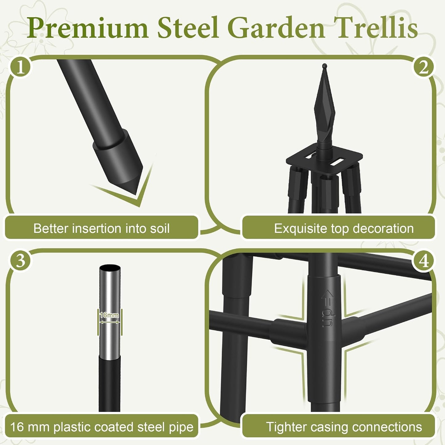 Obelisk Trellis for Climbing Plants Outdoor,5.2 Ft Garden Trellis for Potted Plants, Metal Trellis with Anti-Rust Coated for Potted Plants Indoor, Plant Support for Vegetables, Vines