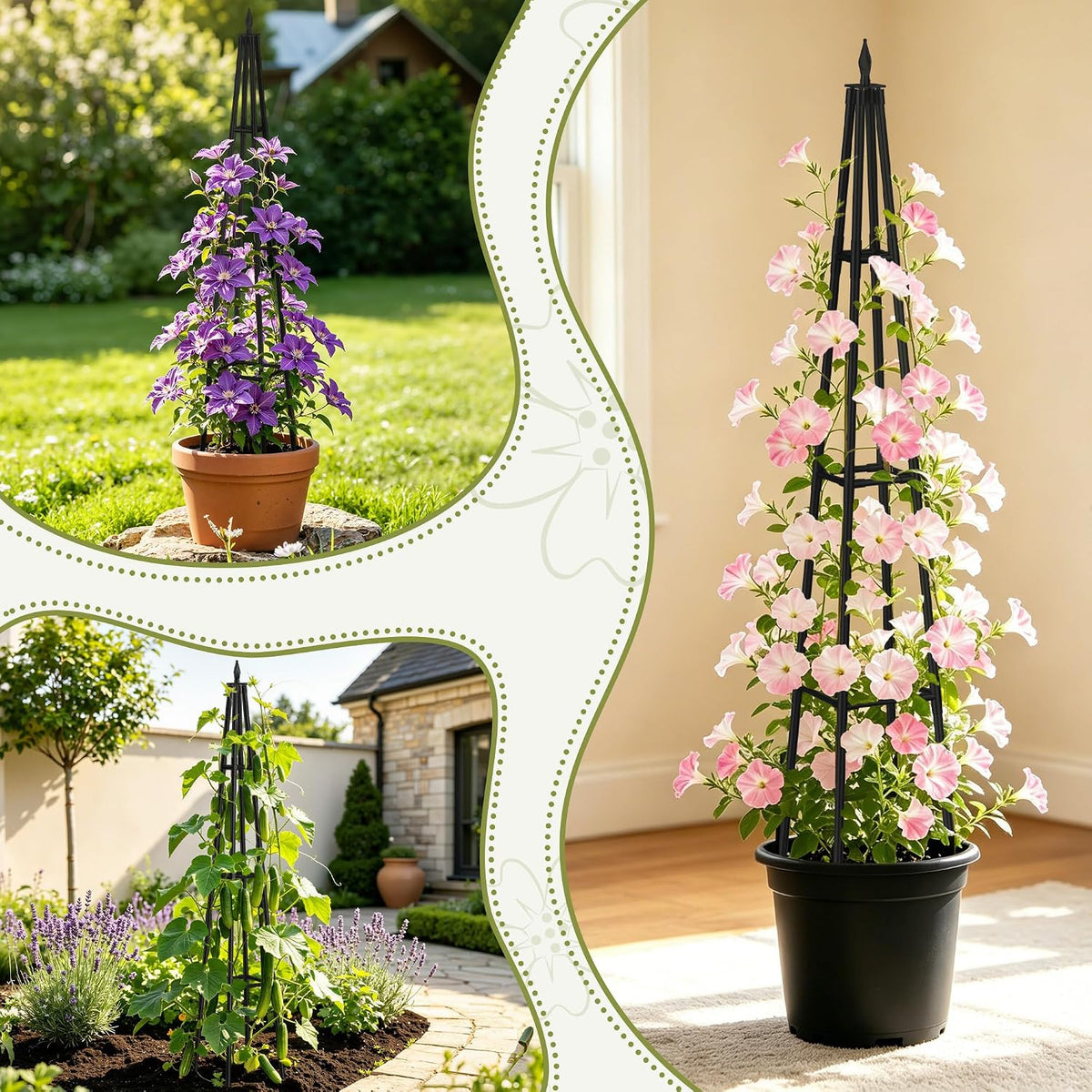 Obelisk Trellis for Climbing Plants Outdoor,5.2 Ft Garden Trellis for Potted Plants, Metal Trellis with Anti-Rust Coated for Potted Plants Indoor, Plant Support for Vegetables, Vines