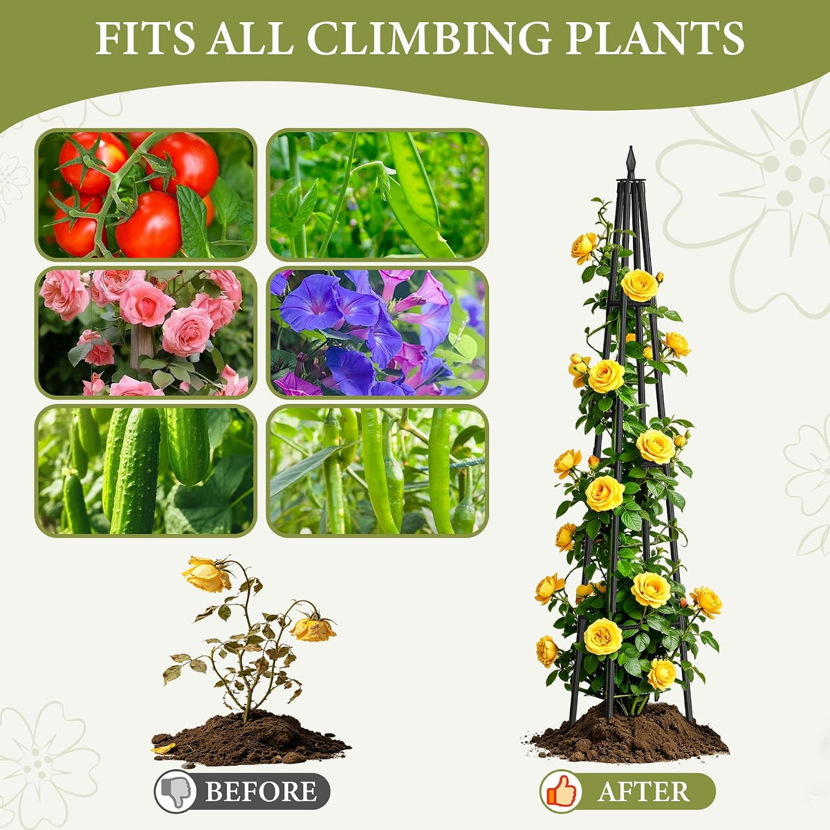 Obelisk Trellis for Climbing Plants Outdoor,5.2 Ft Garden Trellis for Potted Plants, Metal Trellis with Anti-Rust Coated for Potted Plants Indoor, Plant Support for Vegetables, Vines