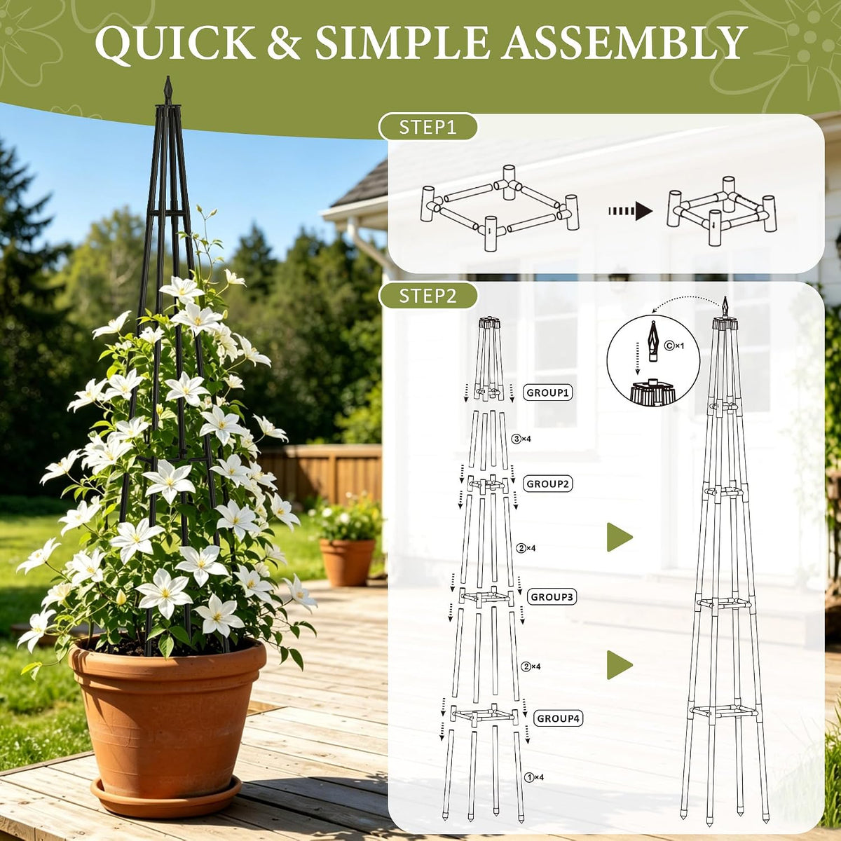 Obelisk Trellis for Climbing Plants Outdoor,5.2 Ft Garden Trellis for Potted Plants, Metal Trellis with Anti-Rust Coated for Potted Plants Indoor, Plant Support for Vegetables, Vines