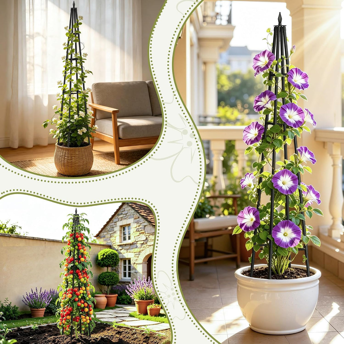 Obelisk Trellis for Climbing Plants Outdoor,5.2 Ft Garden Trellis for Potted Plants, Metal Trellis with Anti-Rust Coated for Potted Plants Indoor, Plant Support for Vegetables, Vines