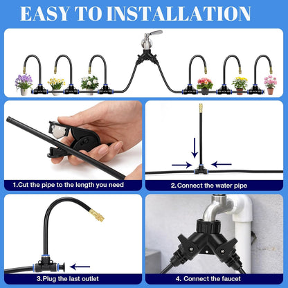 60FT Drip Irrigation Kit, 6mm Hose with Dual Outlet Splitter with Independent Valves & 15 360° Adjustable Brass Nozzles & 18 Snap-On Tees, DIY Automatic Watering for Greenhouse, Raised Beds, Garden