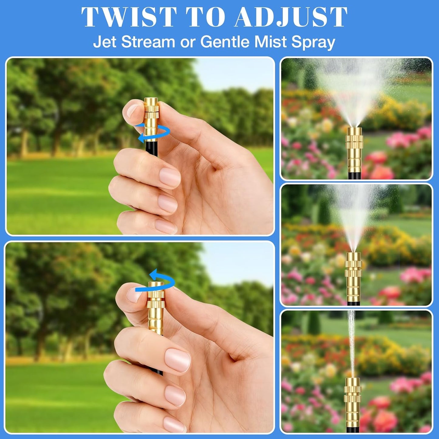 60FT Drip Irrigation Kit, 6mm Hose with Dual Outlet Splitter with Independent Valves & 15 360° Adjustable Brass Nozzles & 18 Snap-On Tees, DIY Automatic Watering for Greenhouse, Raised Beds, Garden
