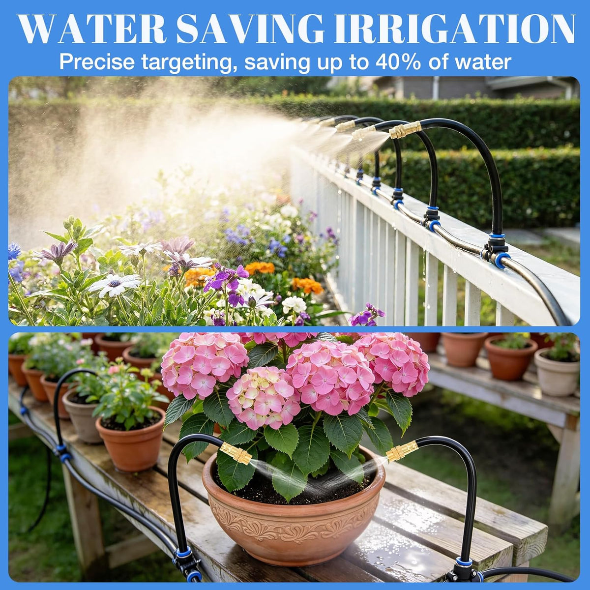 60FT Drip Irrigation Kit, 6mm Hose with Dual Outlet Splitter with Independent Valves & 15 360° Adjustable Brass Nozzles & 18 Snap-On Tees, DIY Automatic Watering for Greenhouse, Raised Beds, Garden