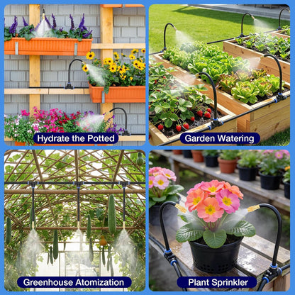 60FT Drip Irrigation Kit, 6mm Hose with Dual Outlet Splitter with Independent Valves & 15 360° Adjustable Brass Nozzles & 18 Snap-On Tees, DIY Automatic Watering for Greenhouse, Raised Beds, Garden