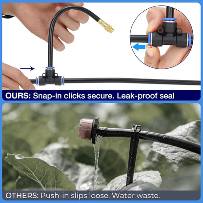 60FT Drip Irrigation Kit, 6mm Hose with Dual Outlet Splitter with Independent Valves & 15 360° Adjustable Brass Nozzles & 18 Snap-On Tees, DIY Automatic Watering for Greenhouse, Raised Beds, Garden