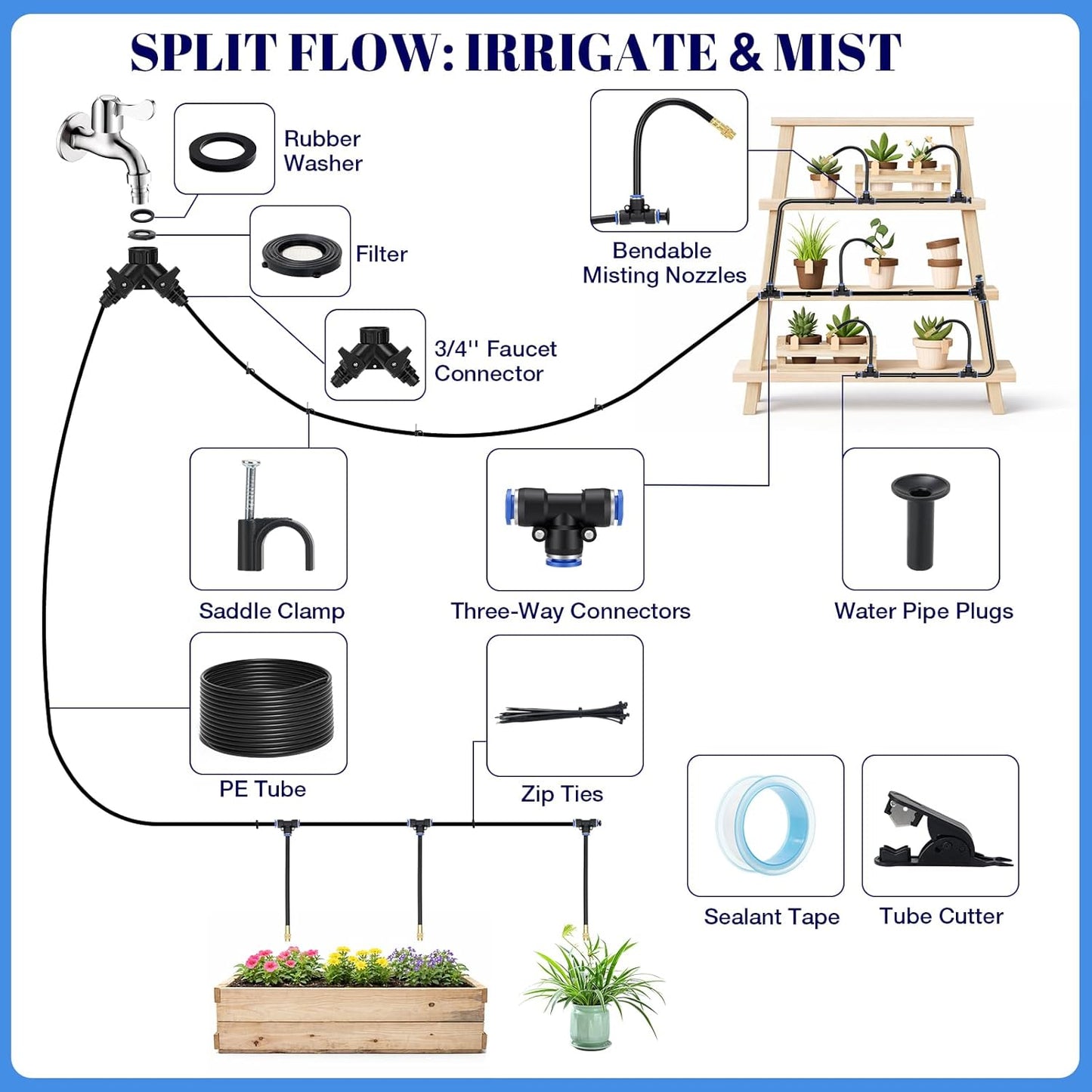 60FT Drip Irrigation Kit, 6mm Hose with Dual Outlet Splitter with Independent Valves & 15 360° Adjustable Brass Nozzles & 18 Snap-On Tees, DIY Automatic Watering for Greenhouse, Raised Beds, Garden