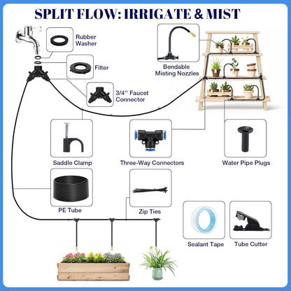 60FT Drip Irrigation Kit, 6mm Hose with Dual Outlet Splitter with Independent Valves & 15 360° Adjustable Brass Nozzles & 18 Snap-On Tees, DIY Automatic Watering for Greenhouse, Raised Beds, Garden