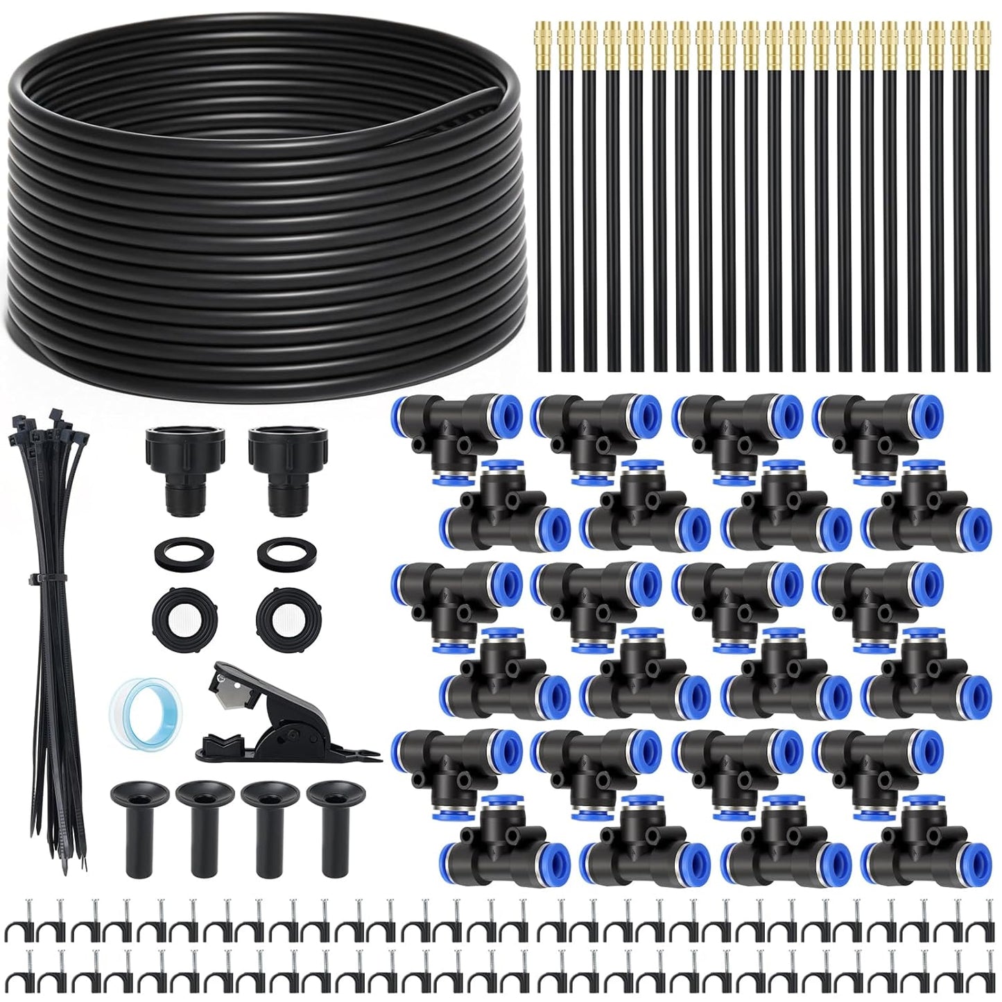 60FT Drip Irrigation Kit, 6mm Hose with Dual Outlet Splitter with Independent Valves & 15 360° Adjustable Brass Nozzles & 18 Snap-On Tees, DIY Automatic Watering for Greenhouse, Raised Beds, Garden